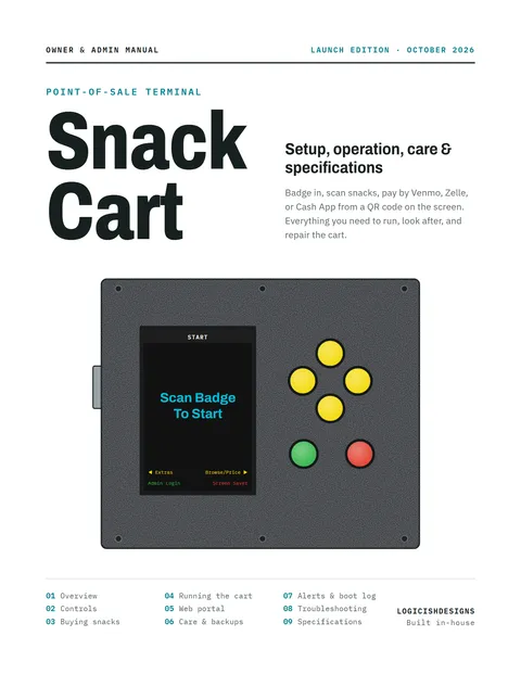 Snack Cart owner & admin manual cover, launch edition October 2026, with an illustration of the cart's screen and six buttons