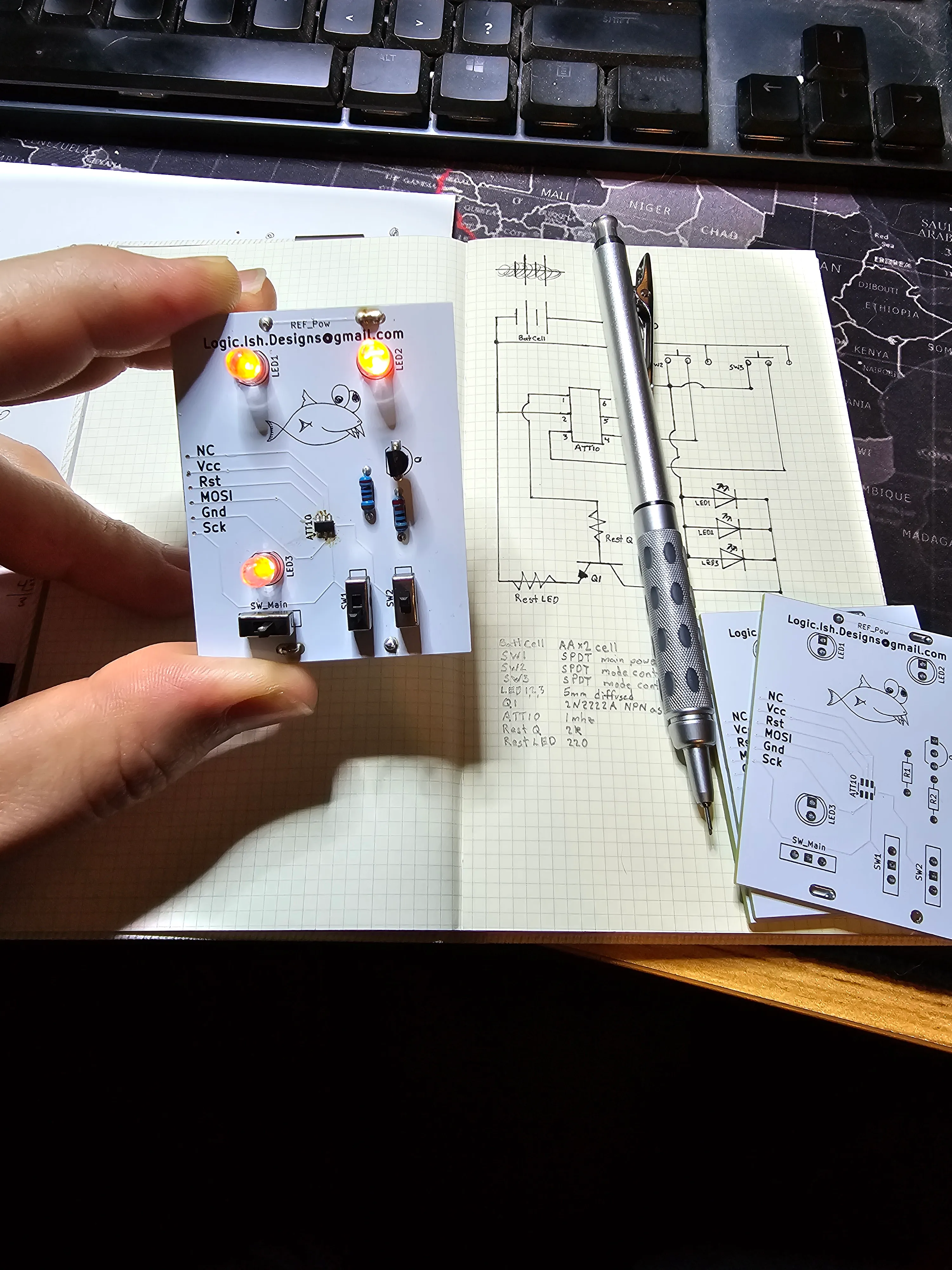 First populated prototype PCB with all three LEDs lit orange
