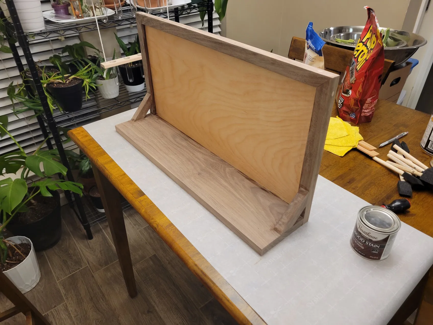 Sanded walnut frame and shelf before any stain was applied