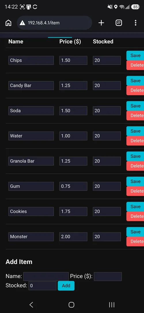 Web admin items page listing snack cart inventory and prices